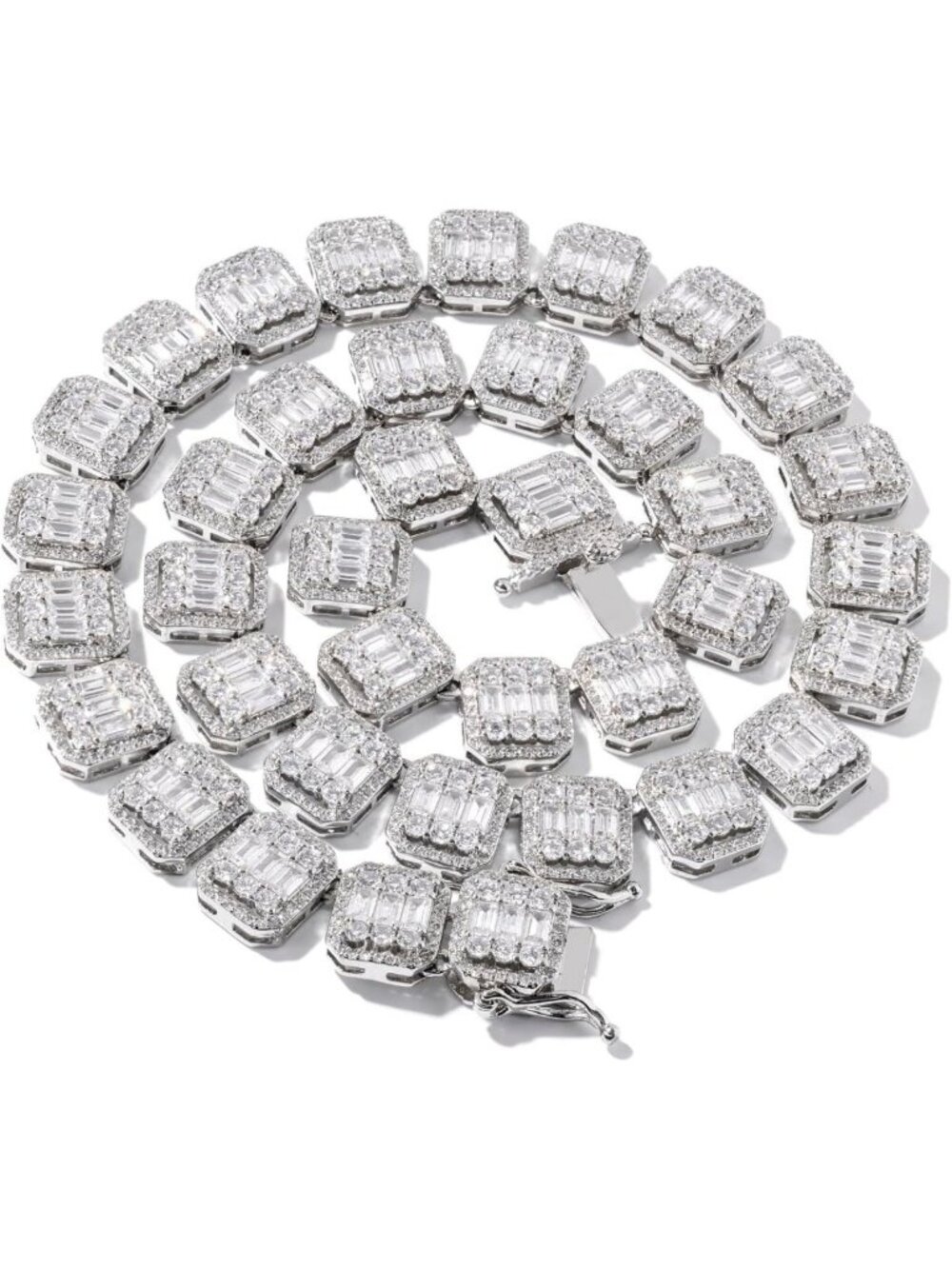 Trendy Iced Out Baguette Chain Necklace & Bracelet Set, Layered Silver/Gold Hip